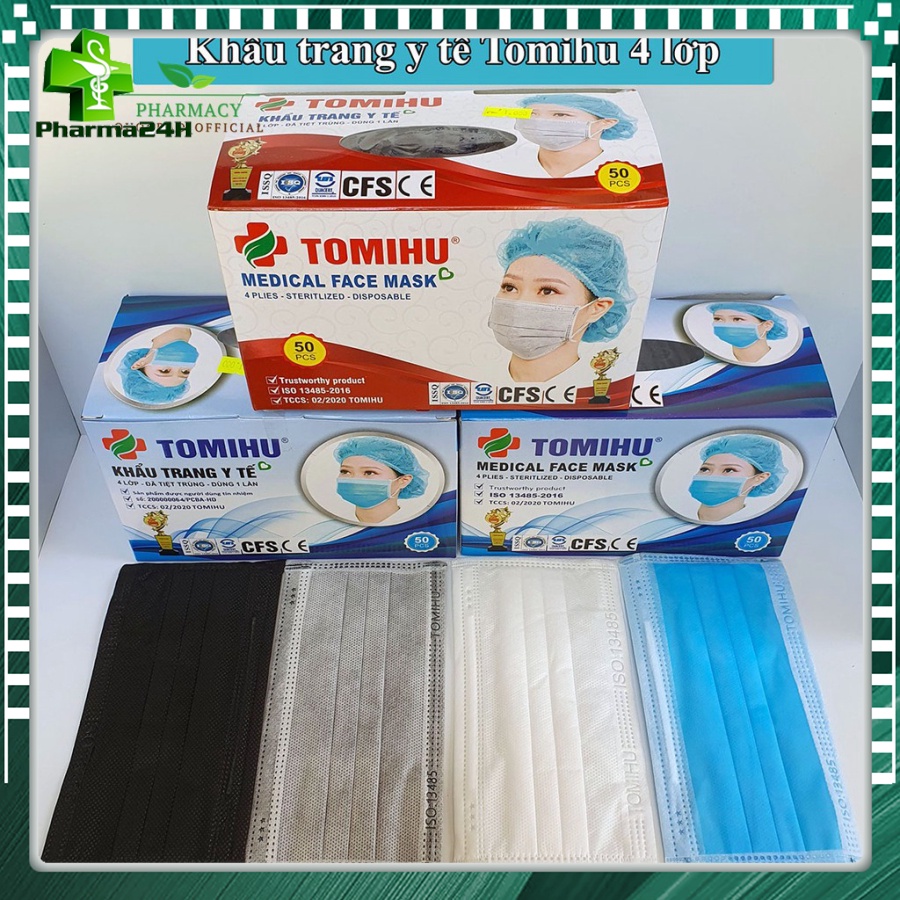 ⚡ Khẩu trang y tế 4 lớp Tomihu ⚡ Hộp 50 cái ⚡ Ngăn vi khuẩn, khói, bụi 🍀 Màu xanh, màu xám, màu trắng, màu đen 🍀