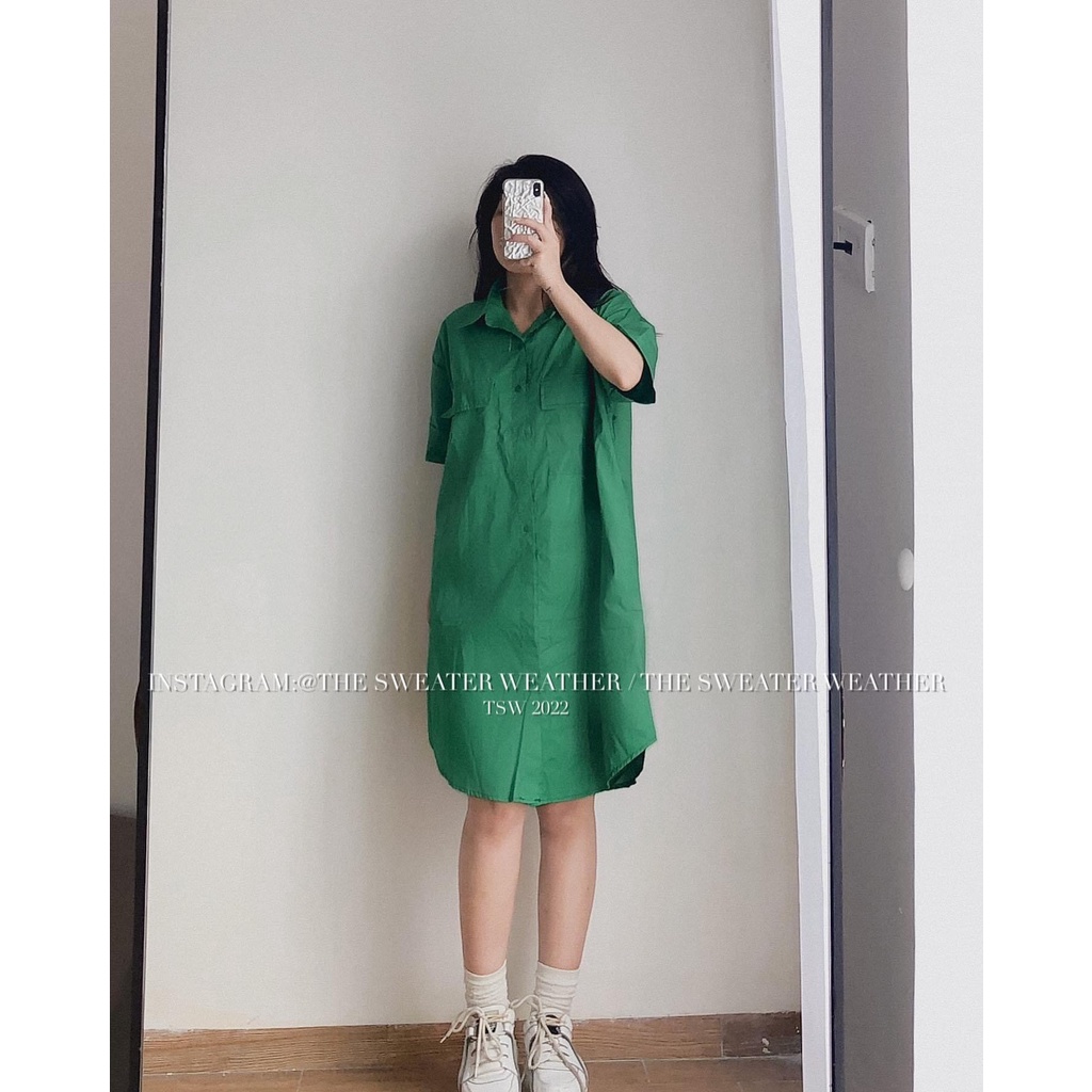 Váy sơ mi basic V.105, Váy kiểu trơn vạt cung cổ đức cộc tay túi nắp hộp ngực 3 màu năng động - Thời trang nữa Chấm Bi | BigBuy360 - bigbuy360.vn