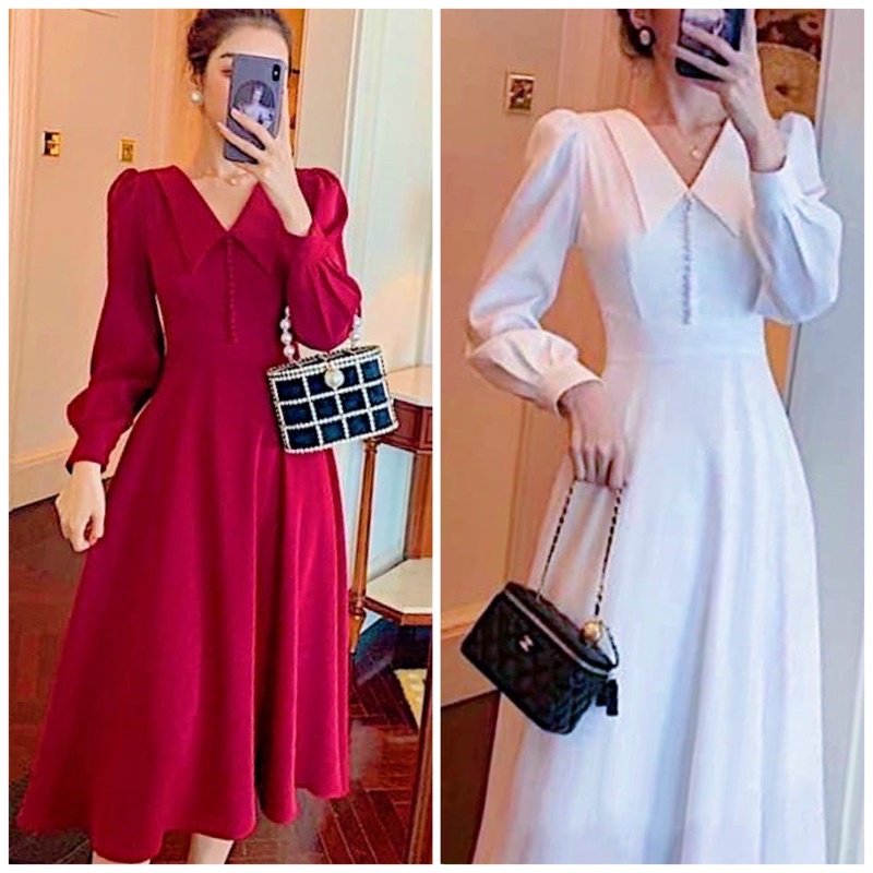 Đầm cổ vest tay dài nút bọc 2 màu, váy dự tiệc xuongvnxk (kèm hình thật)