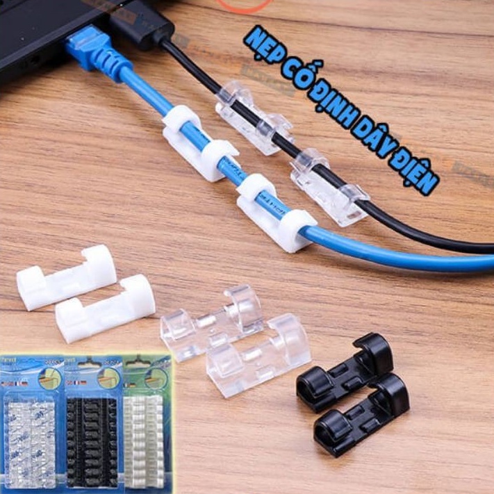 Vỉ 20 cái kẹp cố định chống rối dây điện/cáp,màu trong suốt nhựa cứng tốt, dán đa năng