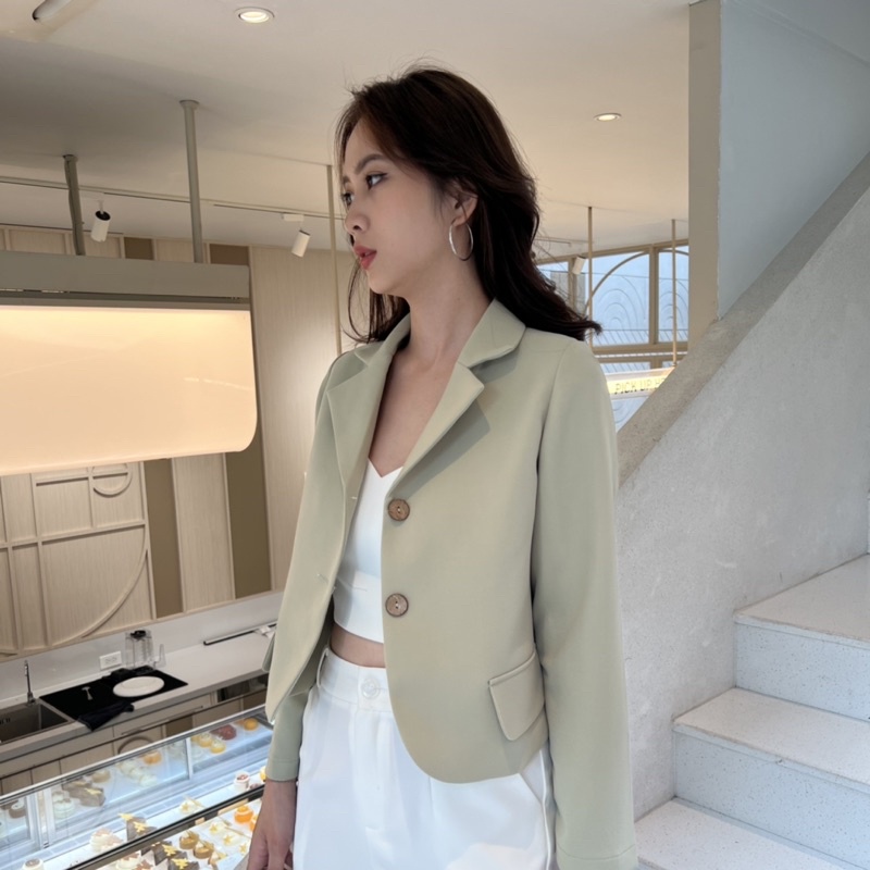 Áo khoác blazer nữ 1 lớp dáng ngắn tay dài màu xanh mint hàng thiết kế Huien Design công sở, áo vest nữ Hàn Quốc
