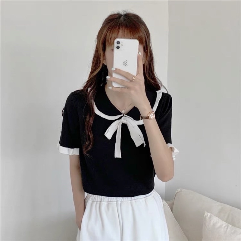 áo len dệt kim cổ lá sen mix nơ (5108#)