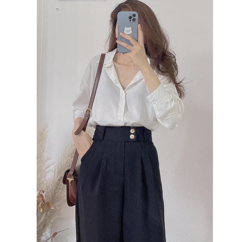 Quần tây 2 cúc cạp cao ống rộng cài khuy lệch