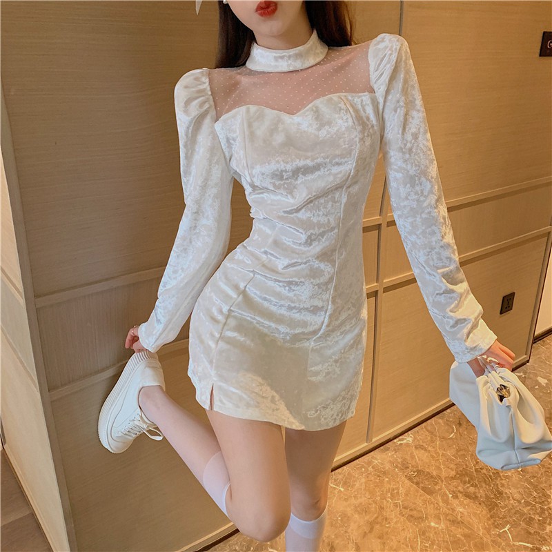 Đầm Nhung Phối Lưới Dự Tiệc Sang Trọng Hàng Thiết Kế Quảng Châu