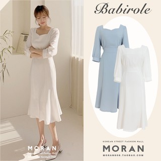 (ORDER-sẵn Trắng L XL) Váy voan nhẹ nhàng MORAN cổ vuông thắt nơ eo điệu đà đơn giản thanh lịch Hàn Quốc