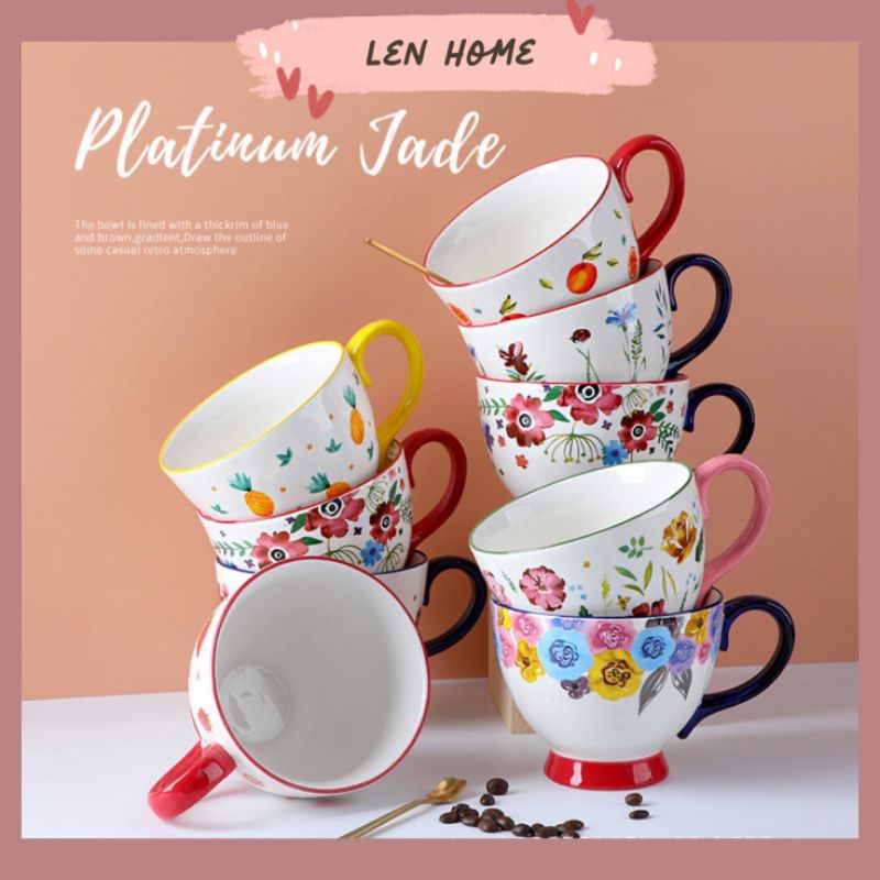 C02/Cốc sứ cafe phong cách Âu hoạ tiết ngọt ngào vẽ tay tráng men decor trang trí phòng bếp trà sữa ngũ cốc lenhome