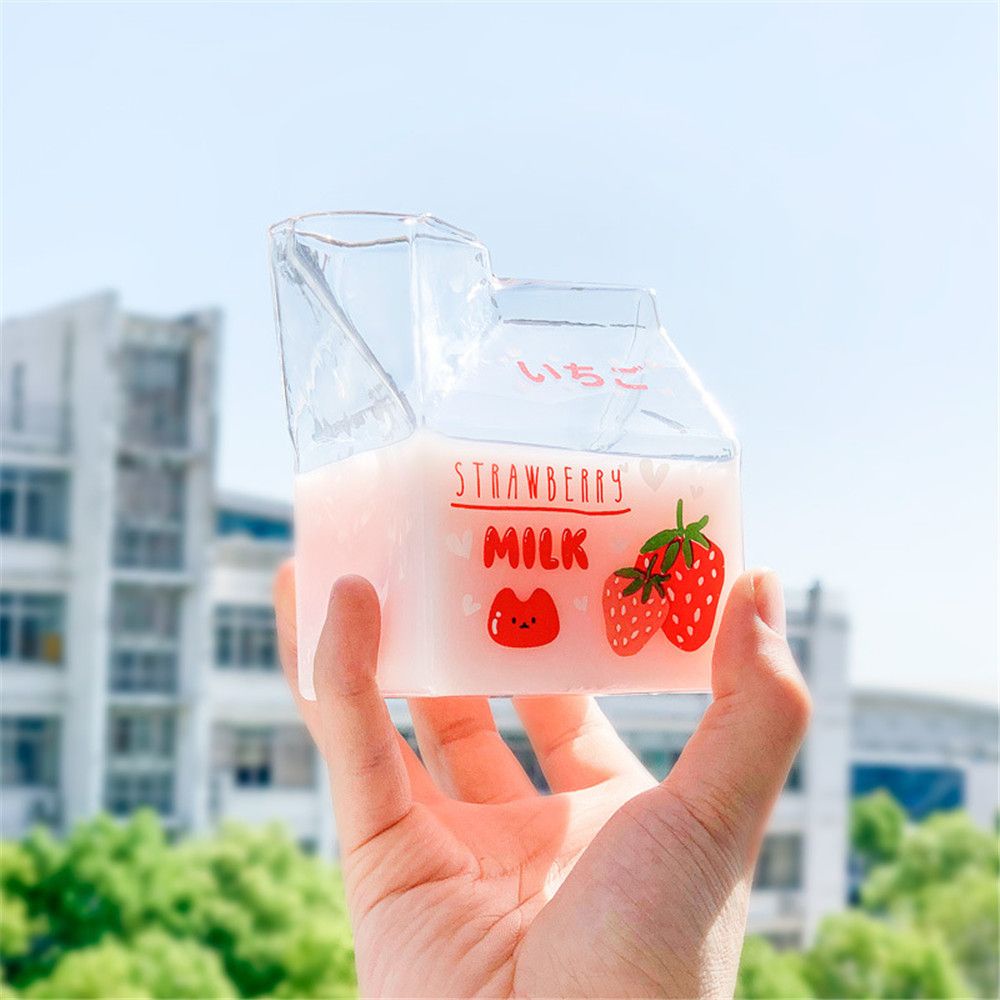 Cốc thuỷ tinh dày 380ML hình hộp sữa vuông sáng tạo dễ thương