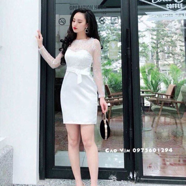 Đầm body phối ren tay dài