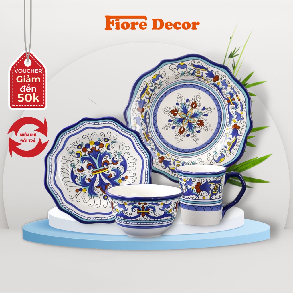 Bát đĩa sứ đẹp hoa xanh nước biển phong cách Âu Mỹ Fiore