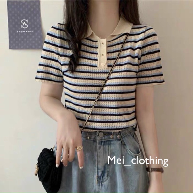 [Ảnh thật/hàng QC] Áo len dệt kim hoạ tiết kẻ ngang phong cách Hàn Quốc/ len cổ bẻ