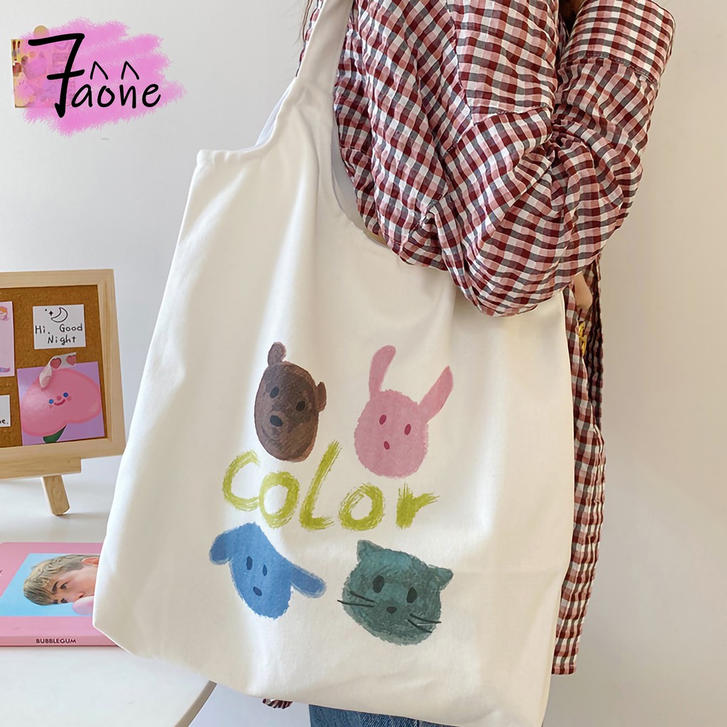 TÚI TOTE HÌNH CON GẤU ĐEO VAI (CÓ TÚI CON + NÚT NAM CHÂM) VẢI CANVAS