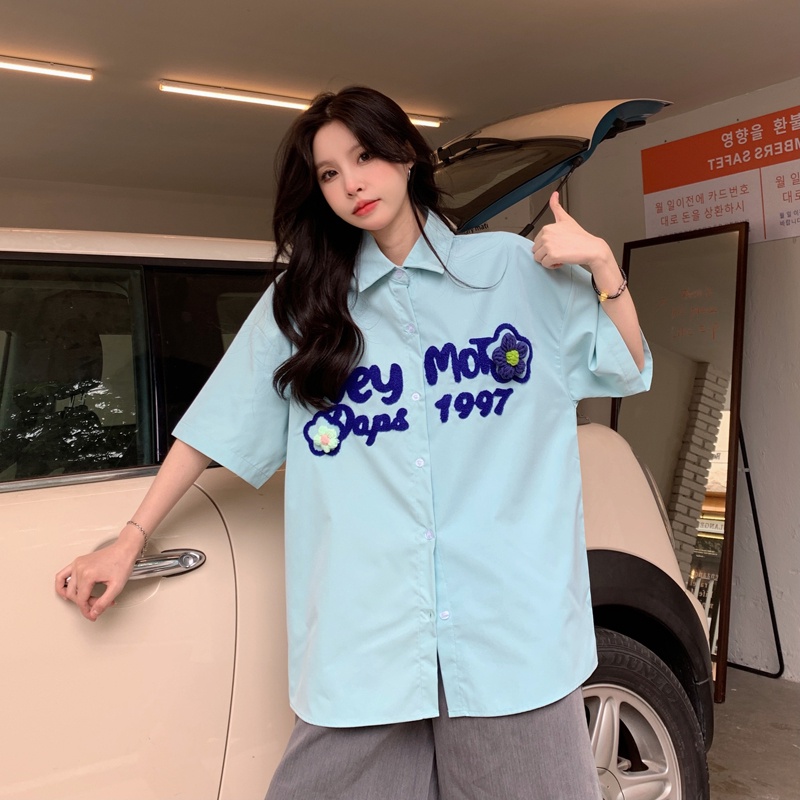Ethelgirl Áo Sơ Mi Cổ Vuông Tay Ngắn Dáng Rộng In Chữ 4 Màu Thời Trang Hàn Quốc Cho Nữ