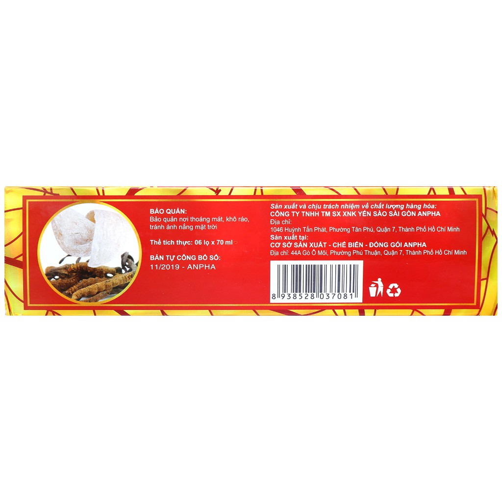 Siêu bổ - Tổ yến chưng đông trùng hạ thảo - sài gòn anpha - hộp 6 lọ 70ml/ hộp - 18% yến nguyên chất