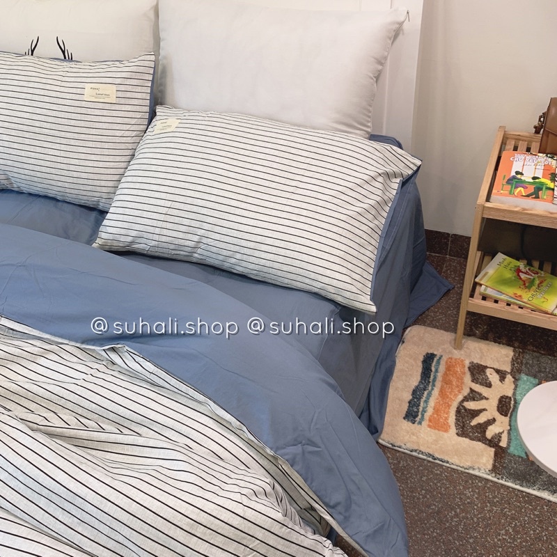 Bộ chăn ga giường TC kẻ Suhali Shop phong cách hàn quốc, set 4 món cotton tici free bo chun | BigBuy360 - bigbuy360.vn