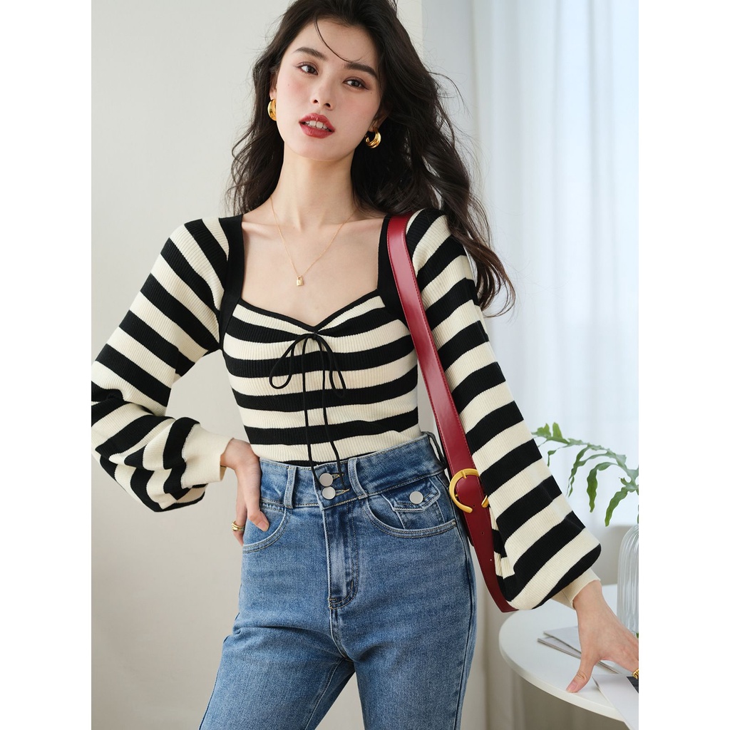 Áo Len Dài Tay Cổ Vuông Họa Tiết Kẻ Sọc Phong Cách retro Hàn Quốc