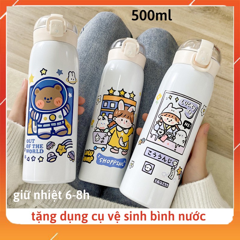 Bình giữ nhiệt INOX 304 hoạ tiết dễ thương , bình nước có ống hút dung tích 500ml có dây đeo