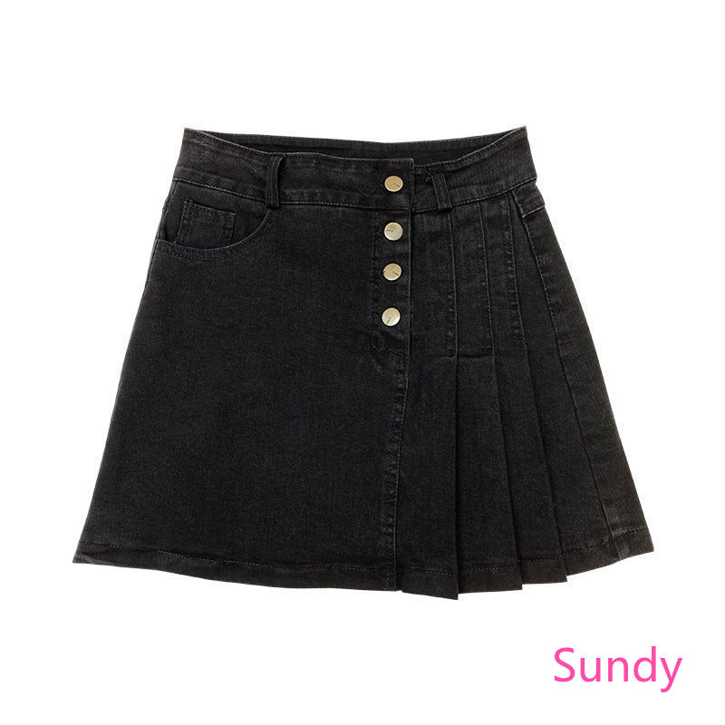 Chân váy jean dáng chữ a lưng cao xếp ly thời trang mùa hè cho nữ