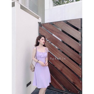 Đầm 2 dây tím xếp ly ngực