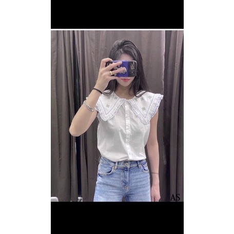 ⚡️THÊU CỔ⚡️Áo sơ mi sát nách cổ thêu hoa nhỏ màu trắng