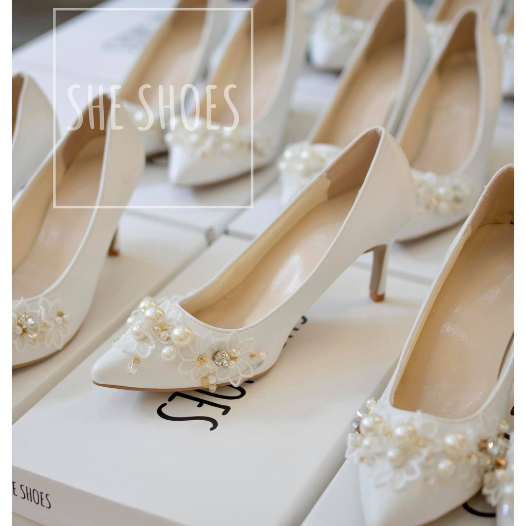 Giày màu trắng {FREESHIP} Giày cô dâu kết hoa vòng cao cấp SHE SHOES