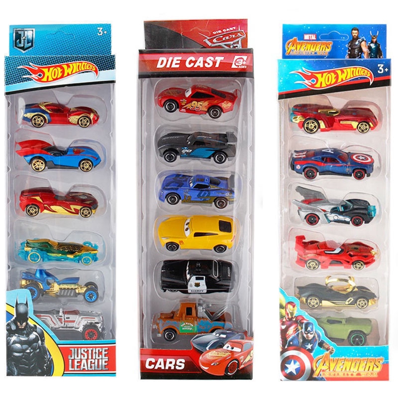 Set 6 mô hình xe đồ chơi nhiều kiểu Batmobile/Patrol/Avengers/Justice League/xe hơi làm quà tặng cho trẻ