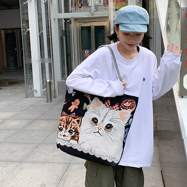 Túi Tote Đeo Chéo Thêu Hình Mèo Phong Cách Ullzzang - Túi Vải Canvas Thời Trang Đeo Vai GN11