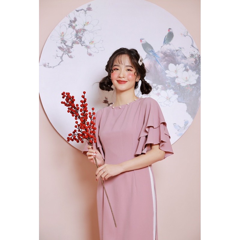 ÁO DÀI TẾT - PINK PEARL AODAI - ÁO DÀI CÁCH TÂN HỒNG PHẤN TAY LOE