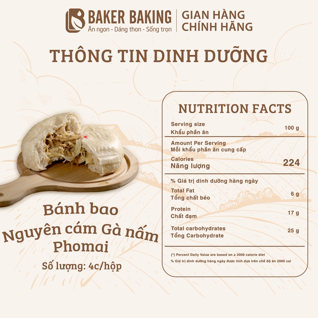 Bánh bao tươi nguyên cám Baker Baking mix vị không chất bảo quản set 4 bánh