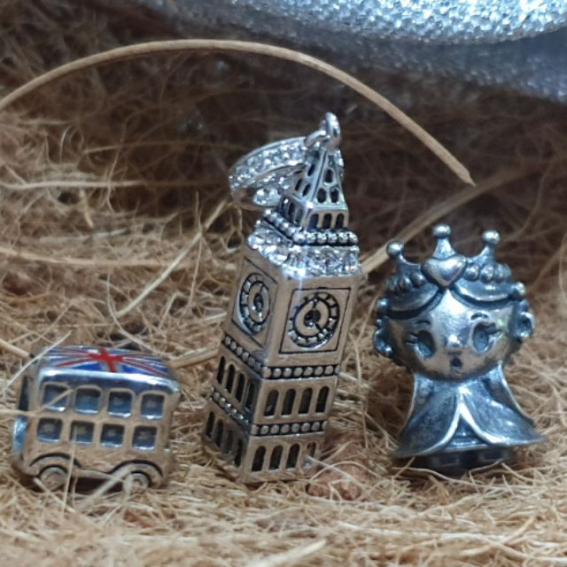 Charm bạc 925 chủ đề nước Anh xe buýt tháp đồng hồ nữ hoàng