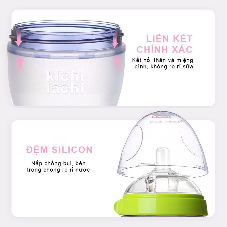 Bình sữa Kichilachi silicon cao cấp chống sặc và đầy hơi cho bé 150ml 250ml - 2X MART