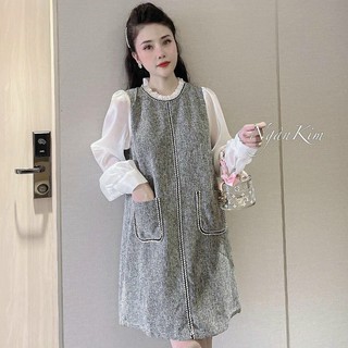 váy suông dài tay phối trắng cổ viền 2 túi hộp vải xước điệu đà