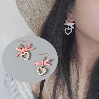 Bông tai gắn nơ hình trái tim đính hạt giả ngọc dễ thương
