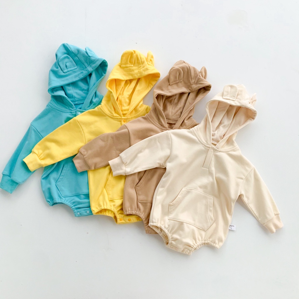 Áo liền quần tay dài thiết kế mũ trùm đầu kiểu tai gấu đáng yêu dành cho bé sơ sinh