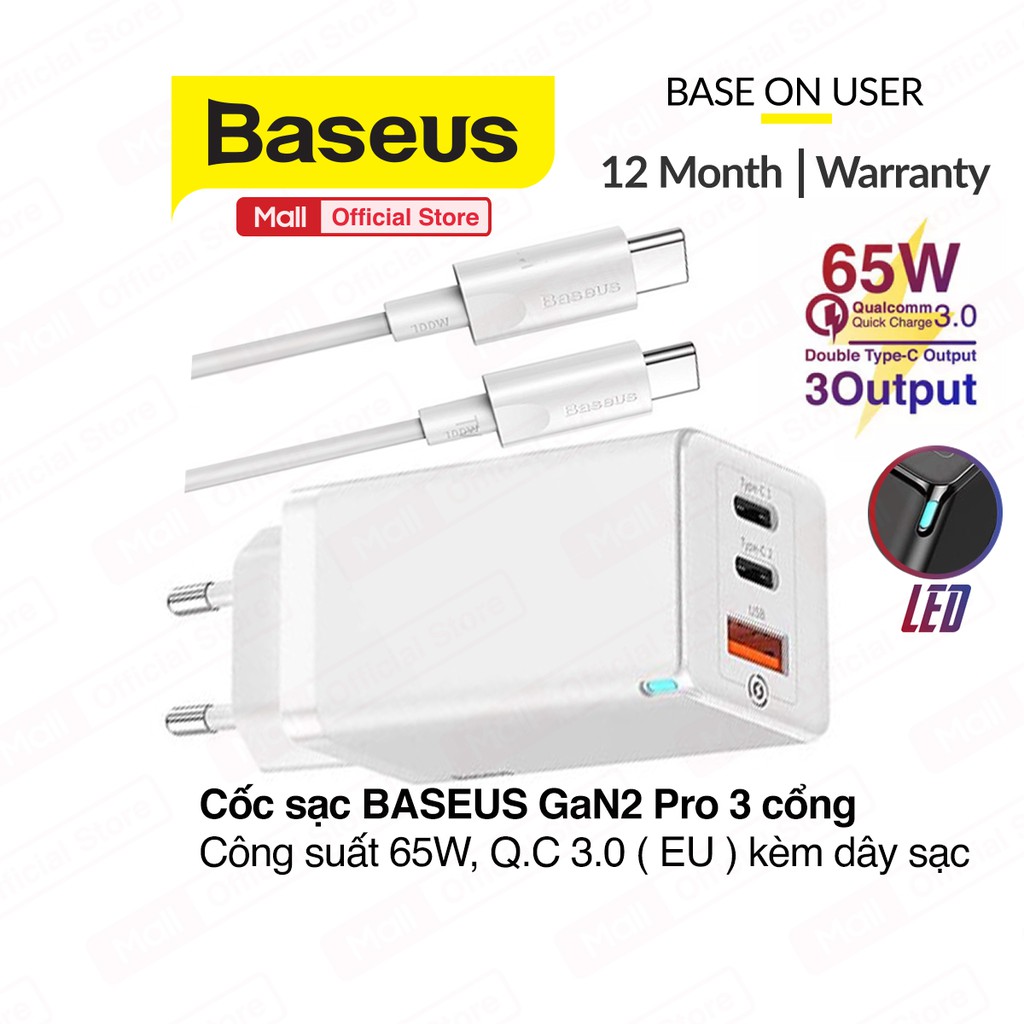 Củ sạc nhanh Baseus GaN Pro Travel Quick Charger 65W kèm dây cáp Type-C to Type-C ( Type Cx2 + USB , PD3.0 )