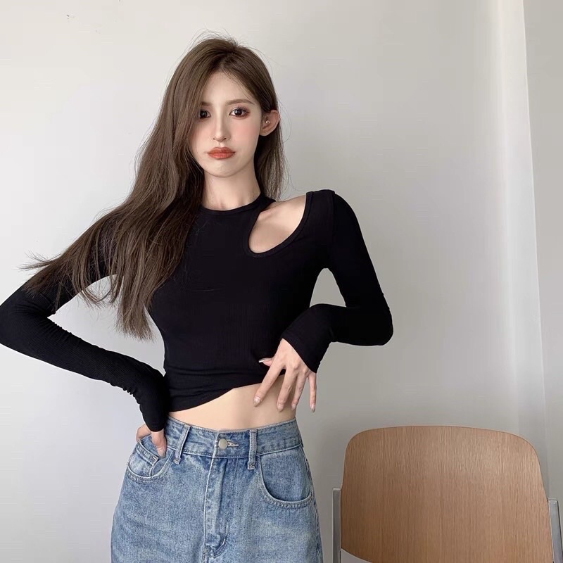 Áo kiểu thun nữ thiết kế khoét croptop tay dài