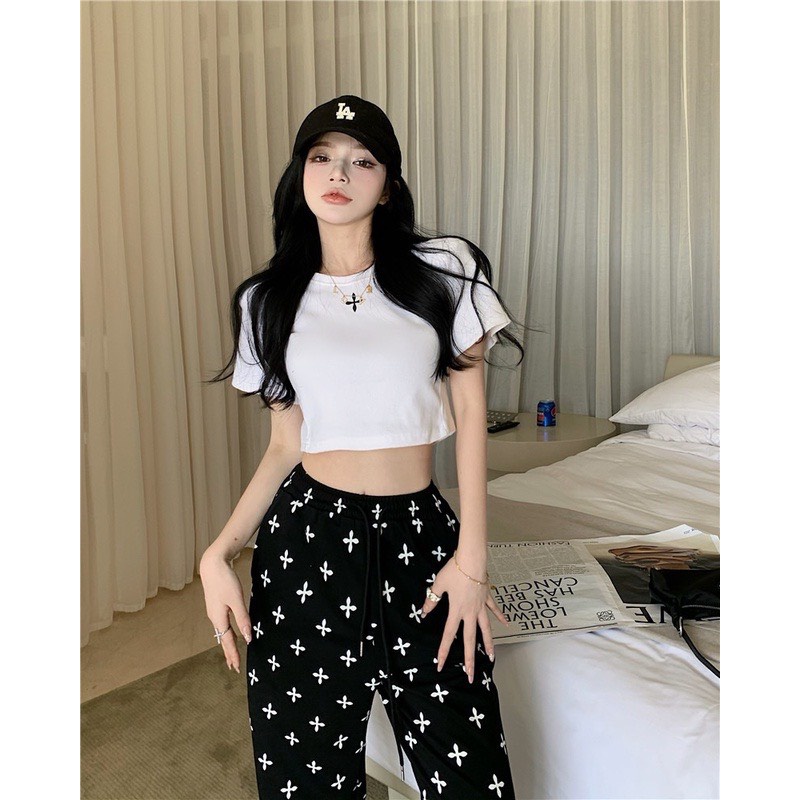 Set Croptop Quần Dài Hoa 3DJOLIE Nữ  🌸 Bộ đồ họa tiết áo thun body kèm culottes suông ống rộng Ulzzang 🌸