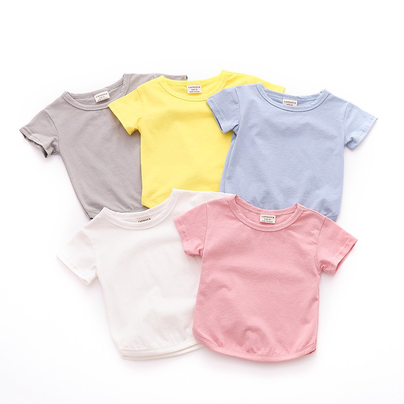 Áo thun cotton trơn màu in hình dễ thương cho bé