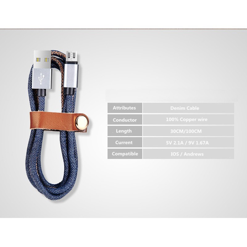 Dây cáp denim đầu micro USB cho điện thoại Samsung Xiaomi Redmi Huawei Iphone