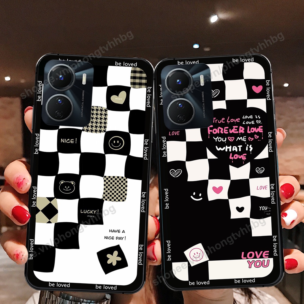 Ốp lưng Vivo Y16 4G - Vivo Y22S - Vivo T1 5G trái tim đôi caro đen trắng cute