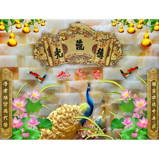 Tranh dán tường 3D phòng thờ - phúc lộc thọ -vải lụa kim tuyến