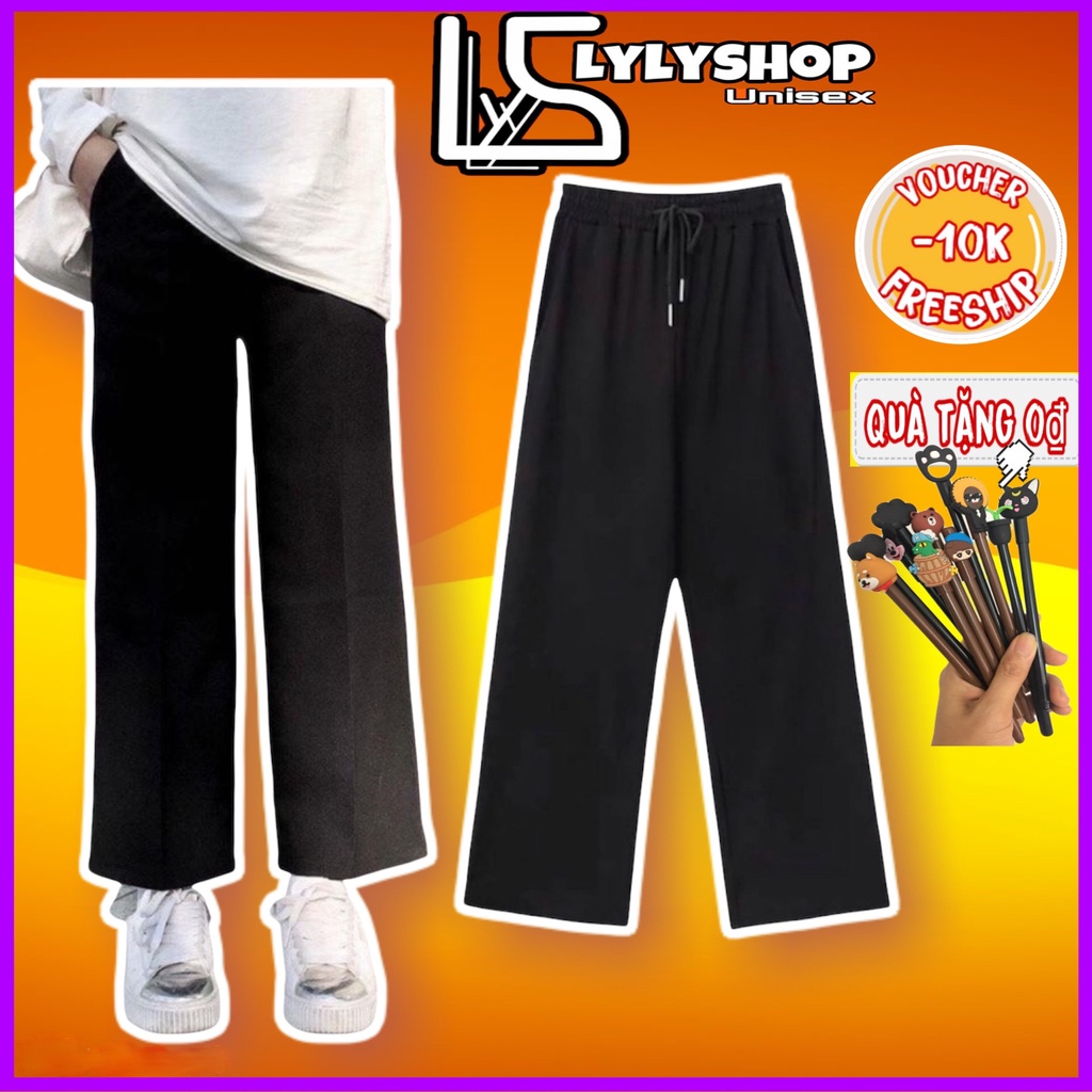Quần ống rộng simple LylyshopUnisex, kiểu quần dài ống suông rộng cho nữ cạp chun có dây rut lưng cao mặc đi học đi chơi