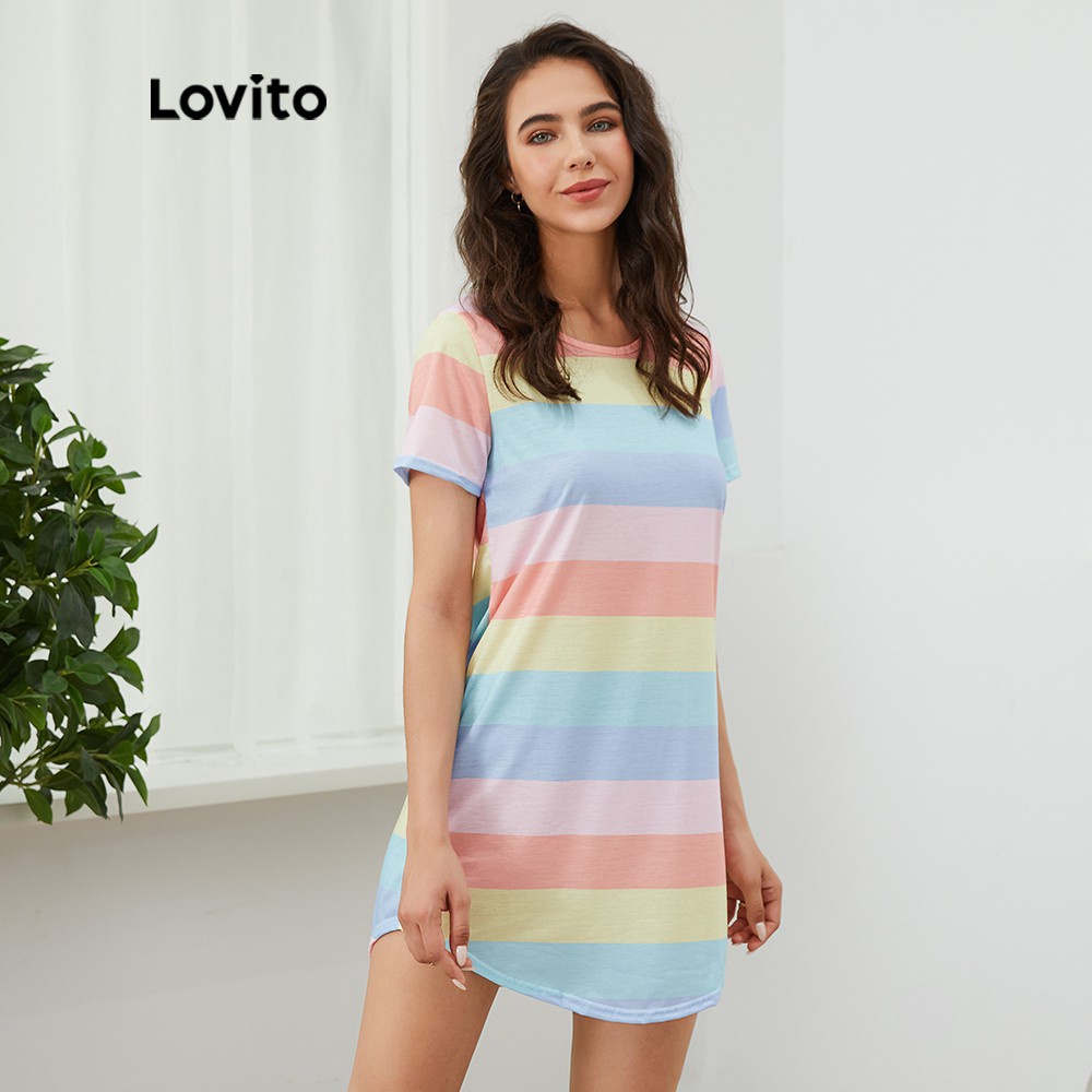 Đầm ngắn Lovito tay ngắn cổ tròn họa tiết sọc giản dị L03097 (nhiều màu sắc)