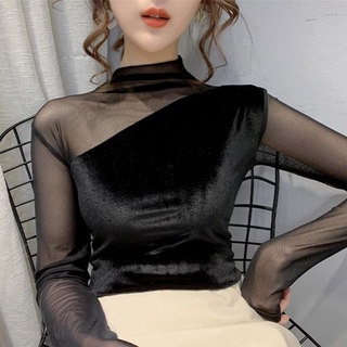 Áo kiểu tay dài cổ cao bằng vải nhung thời trang dành cho nữ