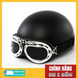 [Nói không với hàng nhái] Mũ Bảo Hiểm- Mũ bảo hiểm 1/2 đầu đen nhám kèm kính phi công