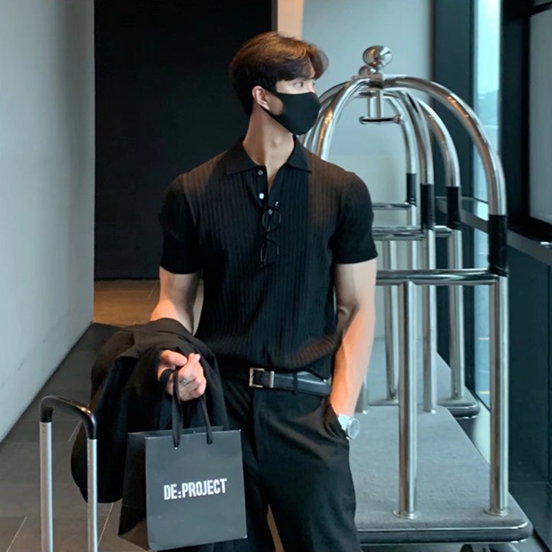 Áo Thun polo Lụa Lạnh Dệt Kim Mỏng Nhẹ Tay Lửng Ôm Dáng Có 3 Màu Tùy Chọn Size m-3xl Phong Cách Anh Quốc Sang Trọng Cho Nam