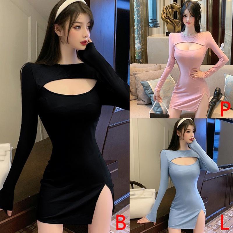 Đầm Tay Dài Cổ Tròn Thiết Kế Xẻ Quyến Rũ Phong Cách Hàn Quốc