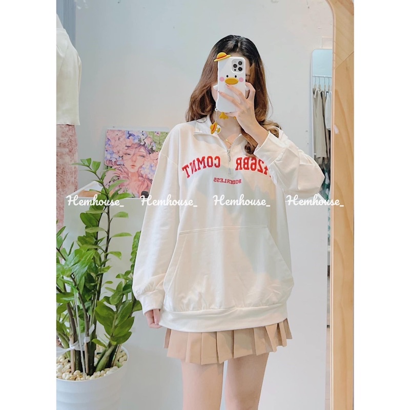 Set áo nỉ sweater thêu chữ kèm chan váy xếp ly nâu