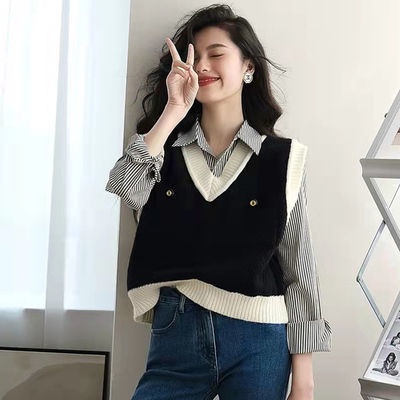 Áo Len Cổ Chữ V Màu Sắc Tương Phản Thời Trang Xuân Thu Cho Nữ