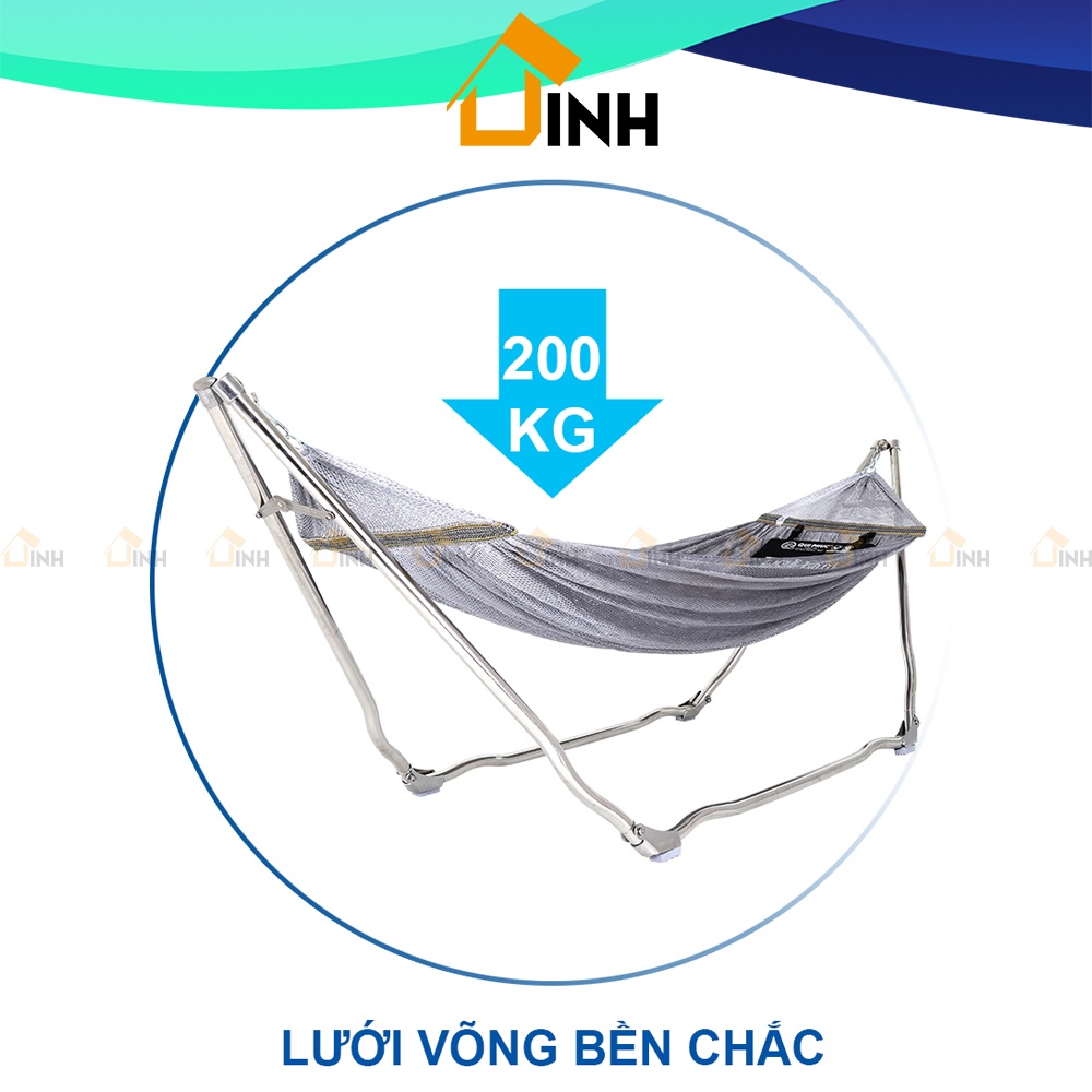 Võng xếp inox cao cấp Deli Lani Qui Phúc chịu tải 200Kg, giá võng inox có lưới tặng kèm gối nằm
