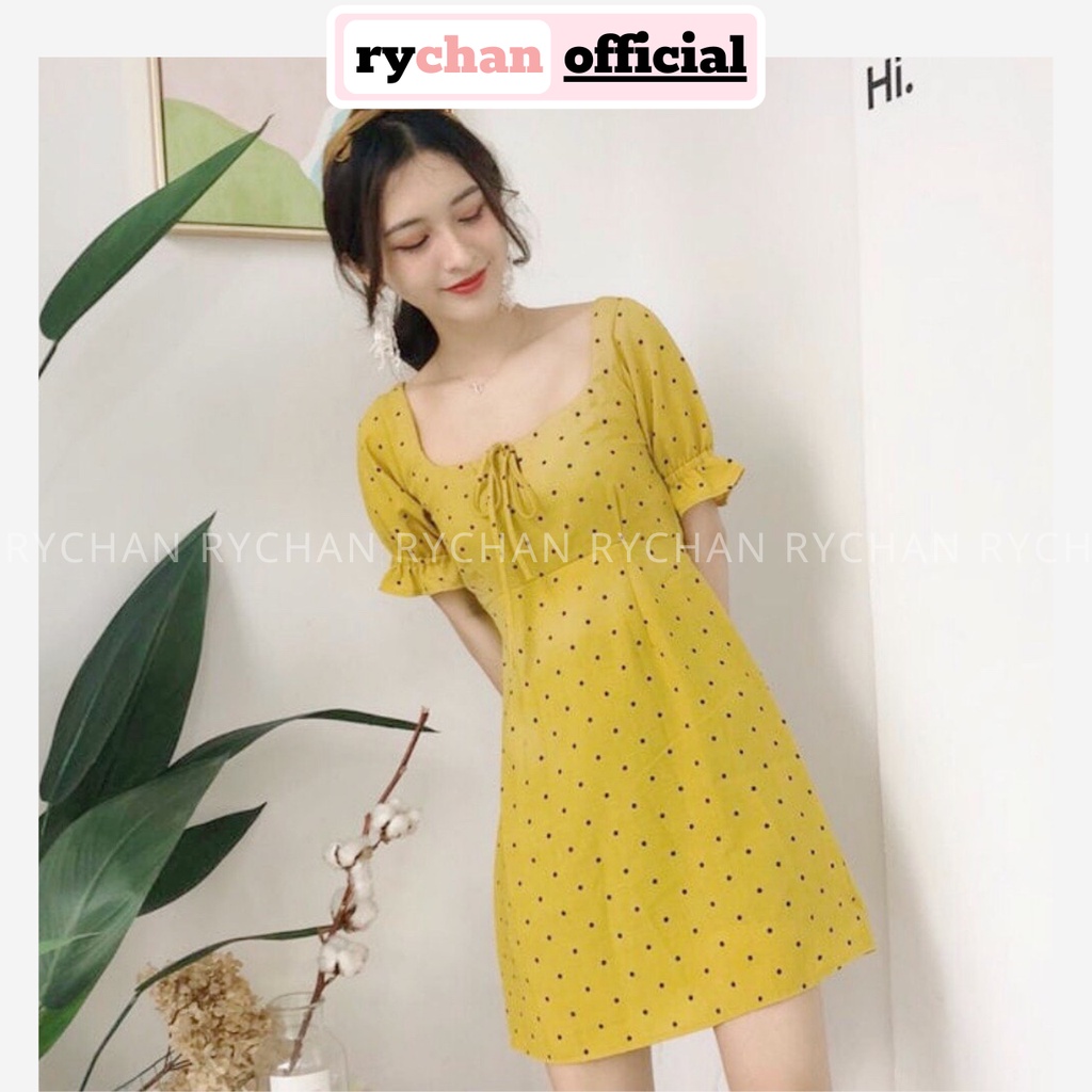 DX785 - Đầm Xòe Bi Vàng Cổ Vuông Tay Bèo